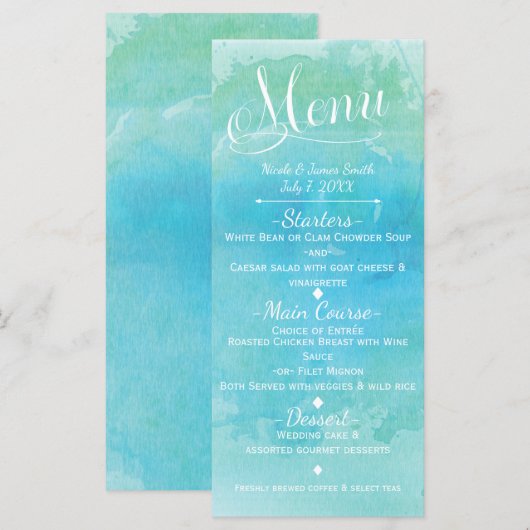 Waterverf Blue Beach Elegant Wedding Menu Card (Voorkant / Achterkant)