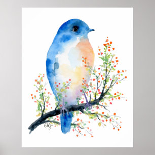 Waterverf Blue Bird op Berry Branch Poster