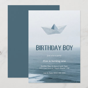 Waterverf Blue Boat Boy Birthday Party Uitnodiging