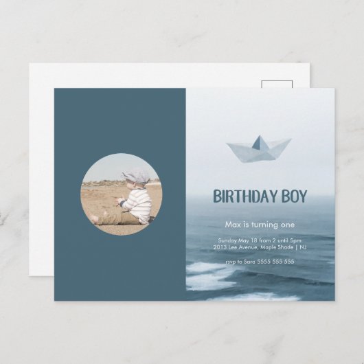 Waterverf Blue Boat Boy Birthday Party Uitnodiging (Voorkant / Achterkant)