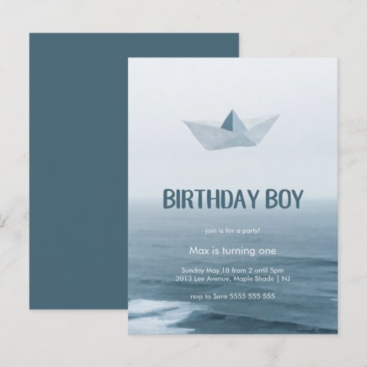 Waterverf Blue Boat Boy Birthday Party Uitnodiging (Voorkant / Achterkant)