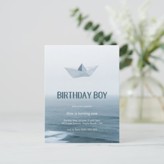 Waterverf Blue Boat Boy Birthday Party Uitnodiging (Staand voorkant)