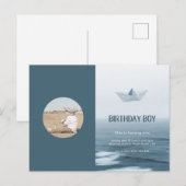 Waterverf Blue Boat Boy Birthday Party Uitnodiging Briefkaart (Voorkant / Achterkant)