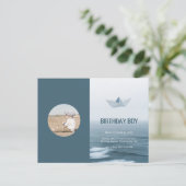 Waterverf Blue Boat Boy Birthday Party Uitnodiging Briefkaart (Staand voorkant)