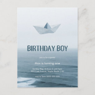 Waterverf Blue Boat Boy Birthday Party Uitnodiging Briefkaart