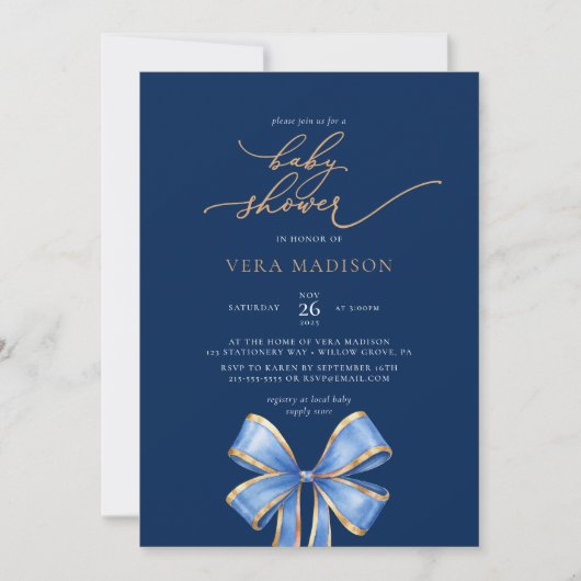 Waterverf Blue Bow Baby shower Kaart (Voorkant)