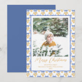 Waterverf Blue Bow Bells Vintage kerstfoto Feestdagenkaart (Voorkant / Achterkant)