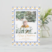 Waterverf Blue Bow Bells Vintage kerstfoto Feestdagenkaart (Staand voorkant)