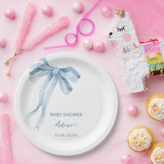 Waterverf Blue Bow Boy baby shower Papieren Bordje (Feest)