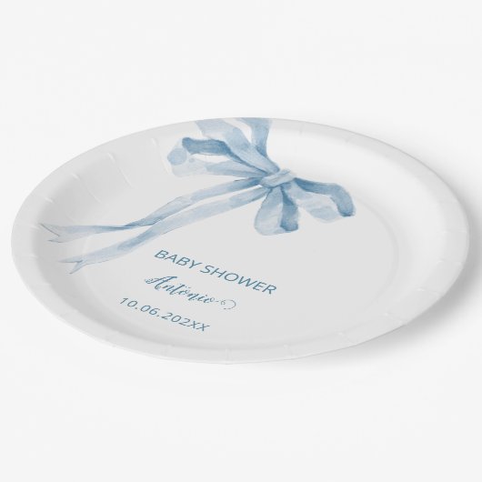 Waterverf Blue Bow Boy baby shower Papieren Bordje (Gekanteld)