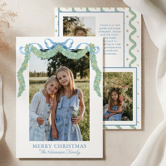 Waterverf Blue Bow Fruit Garland Kerstfoto Feestdagenkaart