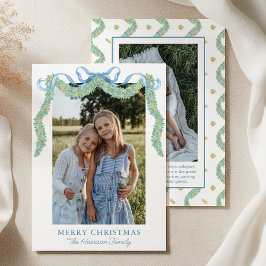 Waterverf Blue Bow Fruit Garland Kerstfoto Feestdagenkaart