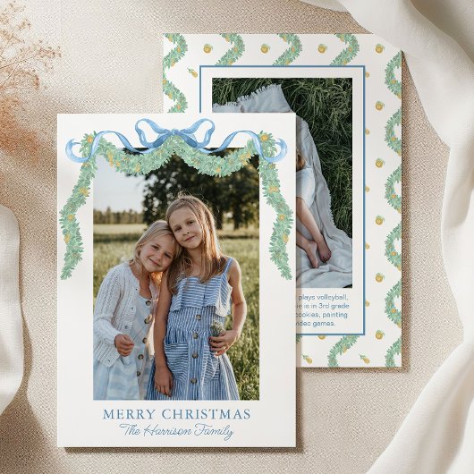 Waterverf Blue Bow Fruit Garland Kerstfoto Feestdagenkaart