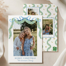 Waterverf Blue Bow Fruit Garland Kerstfoto Feestdagenkaart