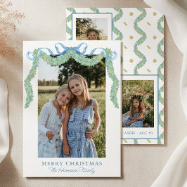 Waterverf Blue Bow Fruit Garland Kerstfoto Feestdagenkaart