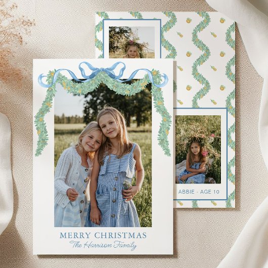 Waterverf Blue Bow Fruit Garland Kerstfoto Feestdagenkaart