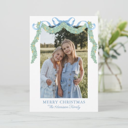 Waterverf Blue Bow Fruit Garland Kerstfoto Feestdagenkaart (Staand voorkant)