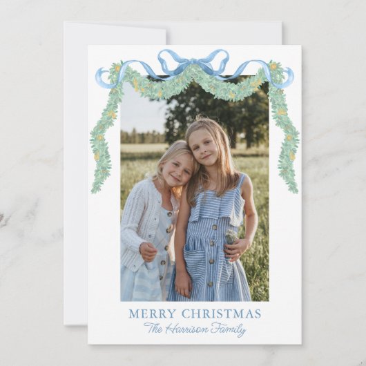 Waterverf Blue Bow Fruit Garland Kerstfoto Feestdagenkaart (Voorkant)