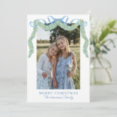 Waterverf Blue Bow Fruit Garland Kerstfoto Feestdagenkaart (Staand voorkant)