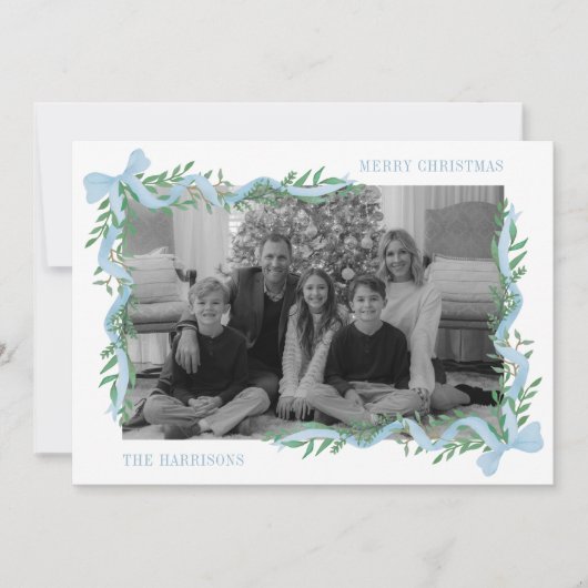 Waterverf Blue Bow Garland Foto Feestdagenkaart (Voorkant)