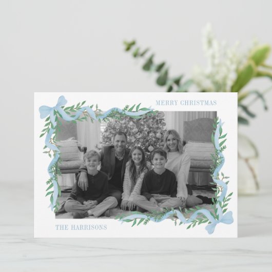 Waterverf Blue Bow Garland Foto Feestdagenkaart (Staand voorkant)