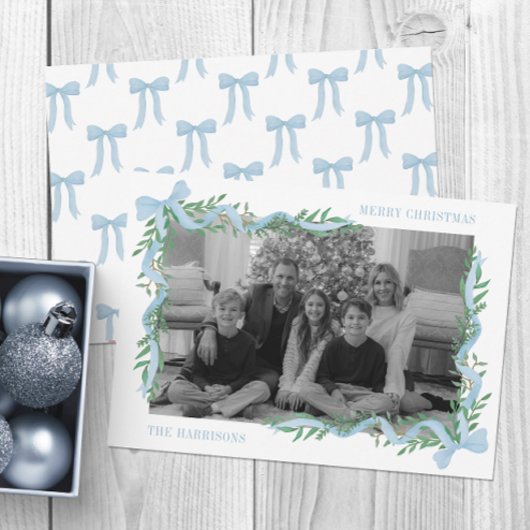 Waterverf Blue Bow Garland Foto Feestdagenkaart