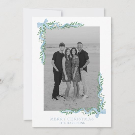 Waterverf Blue Bow Garland Foto Vakantie Kaart (Voorkant)