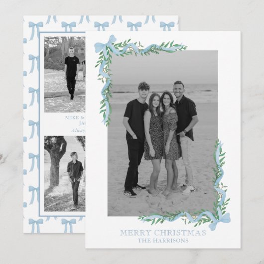 Waterverf Blue Bow Garland Foto Vakantie Kaart (Voorkant / Achterkant)