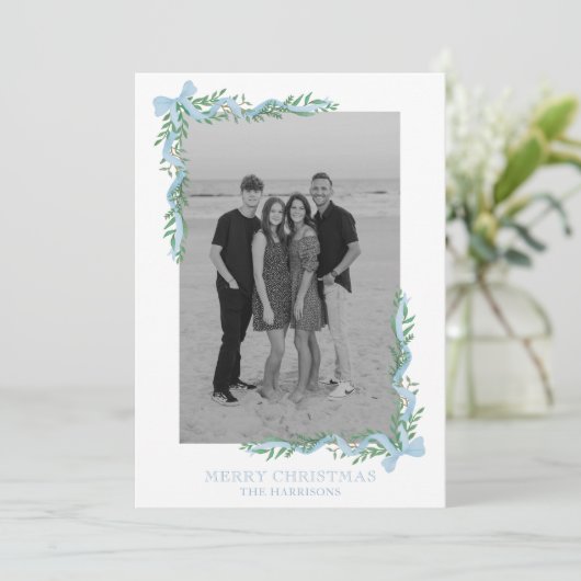 Waterverf Blue Bow Garland Foto Vakantie Kaart (Staand voorkant)