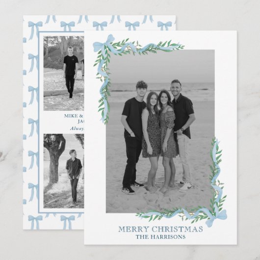 Waterverf Blue Bow Garland Foto Vakantie Kaart (Voorkant / Achterkant)