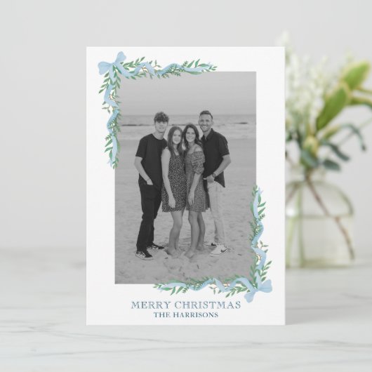 Waterverf Blue Bow Garland Foto Vakantie Kaart (Staand voorkant)