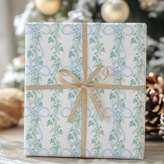 Waterverf Blue Bow Garland Kerst Cadeaupapier