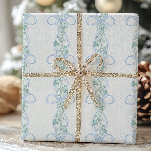 Waterverf Blue Bow Garland Kerst Cadeaupapier