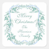 Waterverf Blue Bow Garland Kerstcadeau Vierkante Sticker (Voorkant)