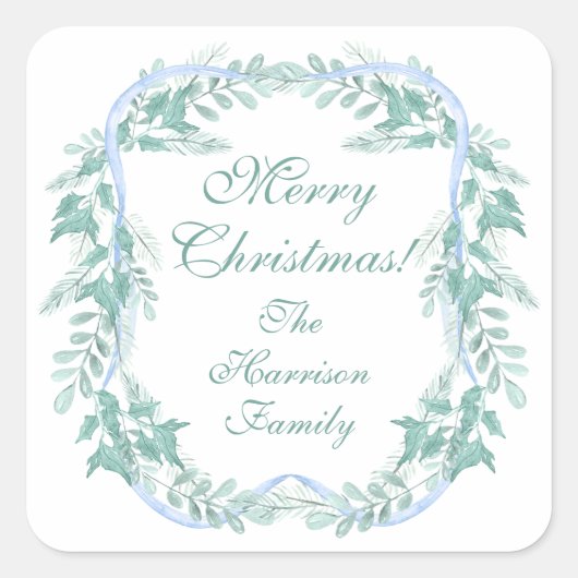 Waterverf Blue Bow Garland Kerstcadeau Vierkante Sticker (Voorkant)