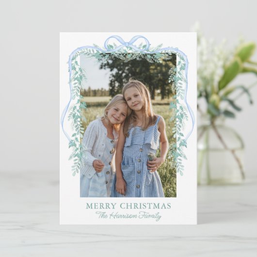 Waterverf Blue Bow Garland Kerstfoto Feestdagenkaart (Staand voorkant)
