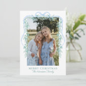 Waterverf Blue Bow Garland Kerstfoto Feestdagenkaart (Staand voorkant)