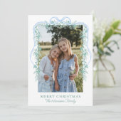 Waterverf Blue Bow Garland Kerstfoto Feestdagenkaart (Staand voorkant)