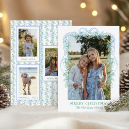 Waterverf Blue Bow Garland Kerstfoto Feestdagenkaart