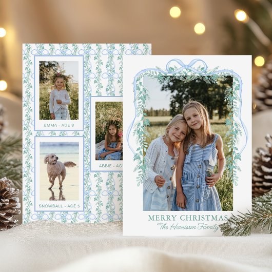 Waterverf Blue Bow Garland Kerstfoto Feestdagenkaart