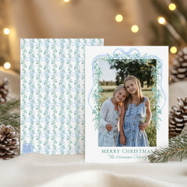 Waterverf Blue Bow Garland Kerstfoto Feestdagenkaart