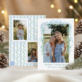 Waterverf Blue Bow Garland Kerstfoto Feestdagenkaart