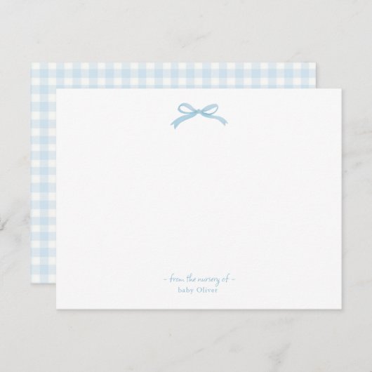 Waterverf Blue Bow gingham Baby boy flat Bedankkaart (Voorkant / Achterkant)