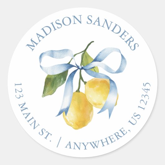 Waterverf Blue Bow Lemons Adres Ronde Sticker (Voorkant)