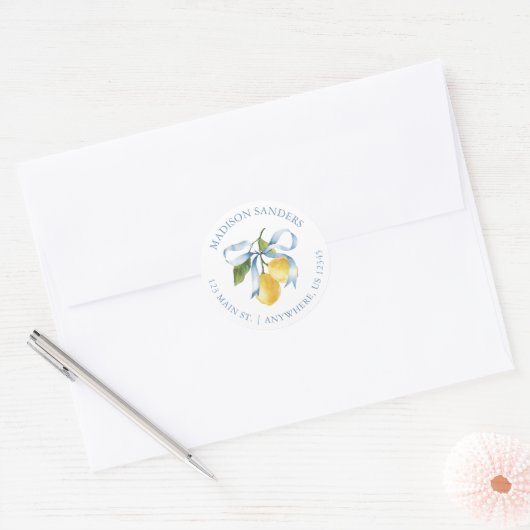 Waterverf Blue Bow Lemons Adres Ronde Sticker (Envelop)