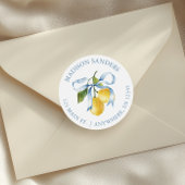 Waterverf Blue Bow Lemons Adres Ronde Sticker