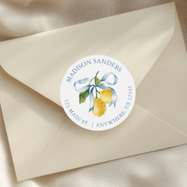 Waterverf Blue Bow Lemons Adres Ronde Sticker
