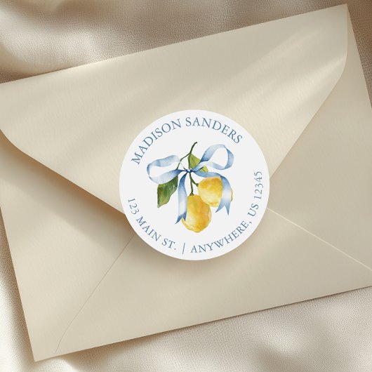 Waterverf Blue Bow Lemons Adres Ronde Sticker