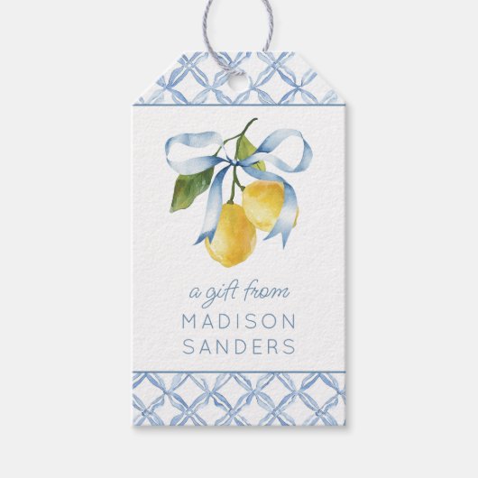 Waterverf Blue Bow Lemons Cadeaubehuizing Cadeaulabel (Voorkant)