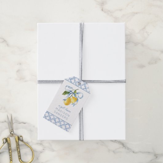 Waterverf Blue Bow Lemons Cadeaubehuizing Cadeaulabel (Met Touw)